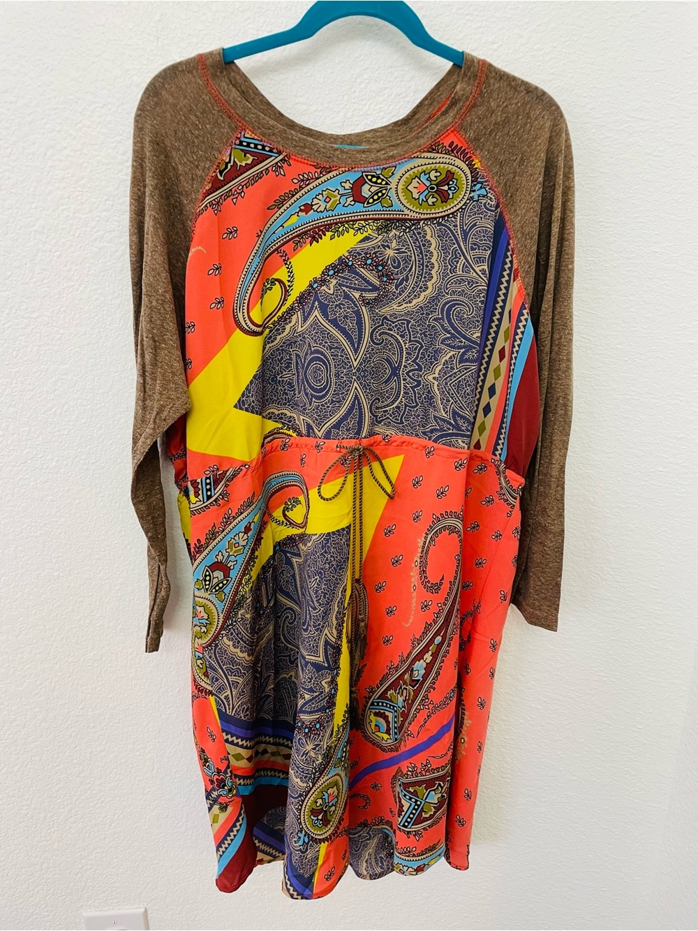 Uncle Frank Long-Sleeve Paisley Patchwork Dress in Coral, Yellow & Brown